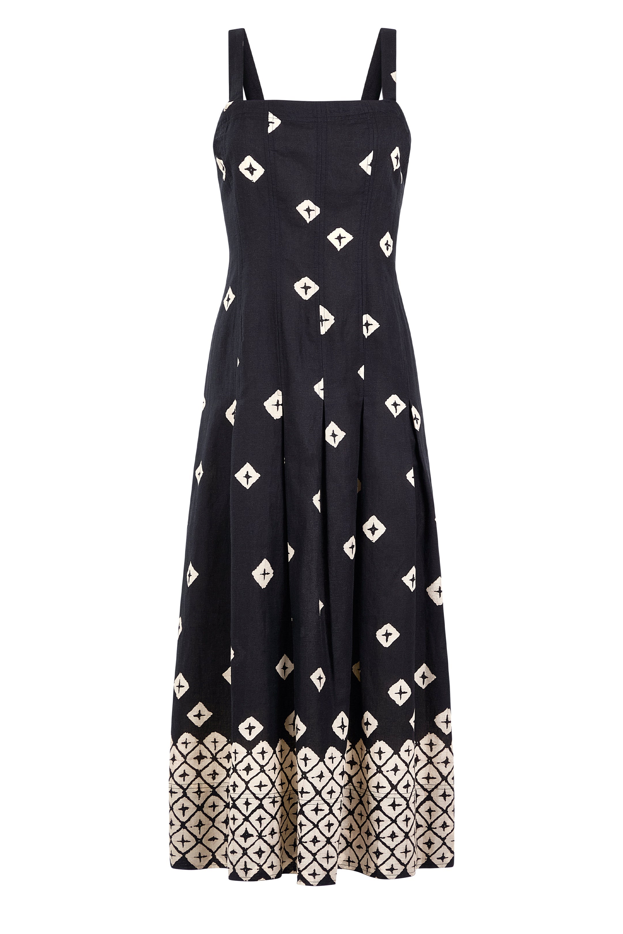 Black strappy dress with symmetrical cream motif detailing 