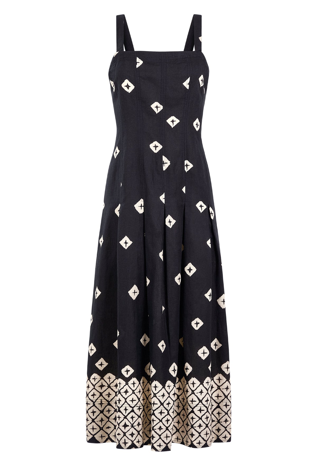 Black strappy dress with symmetrical cream motif detailing 