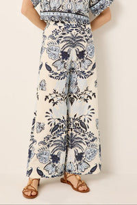 Blue and white floral printed wide-leg pant