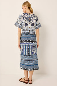 Adjustable blue geometric printed wrap skirt