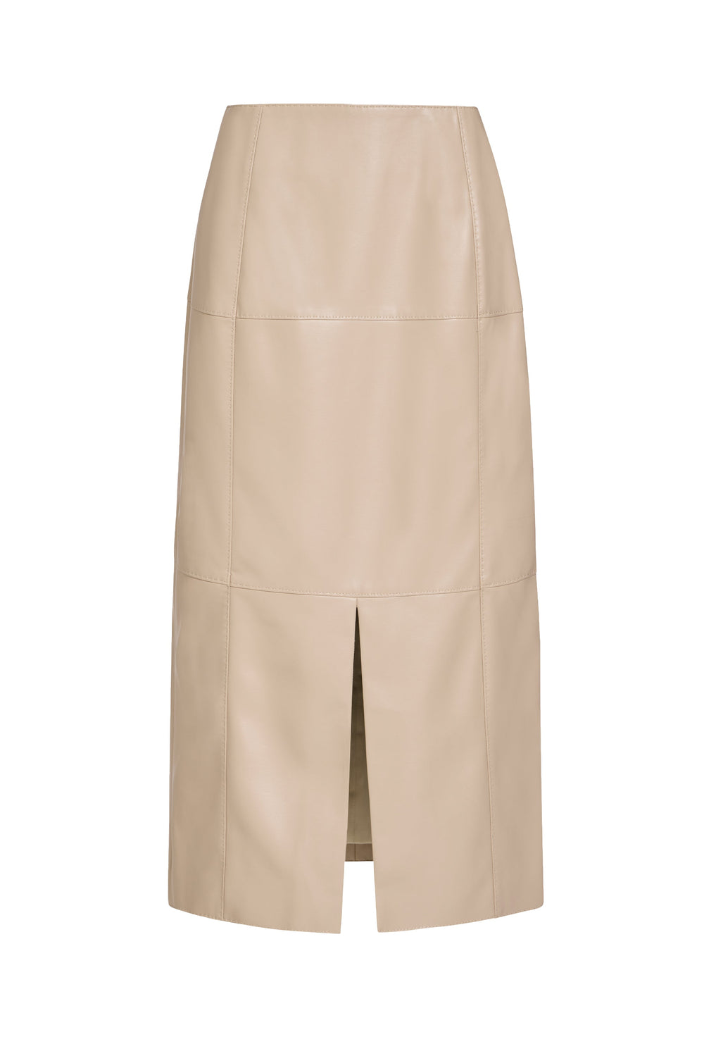 Back view of Elliott Skirt in Oat showcasing vegan leather, panel seams, and center-back slit on a white background
