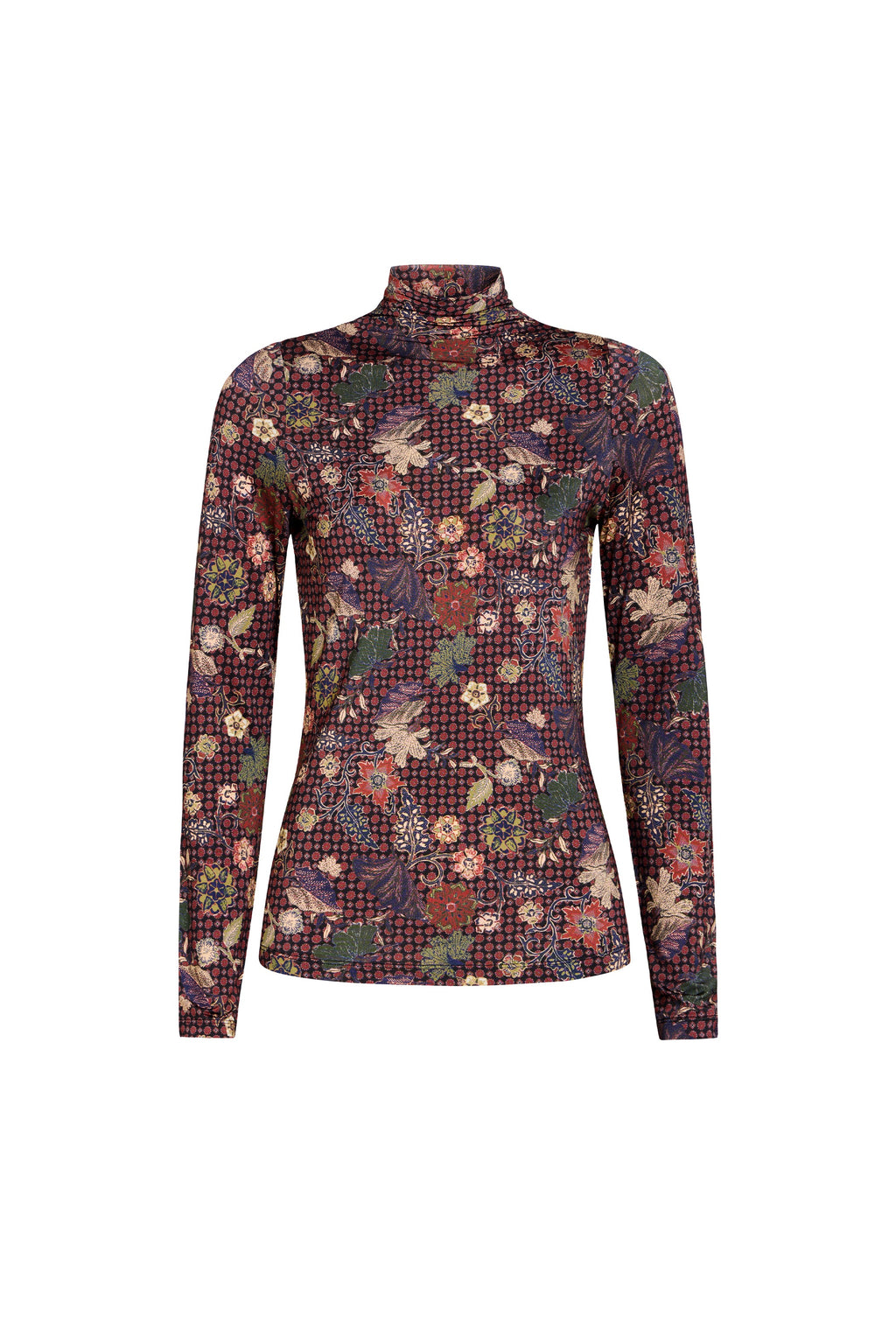 Front view of Marie Oliver Eloise Top in Rouge showing its close-fitting printed long-sleeve turtleneck on white