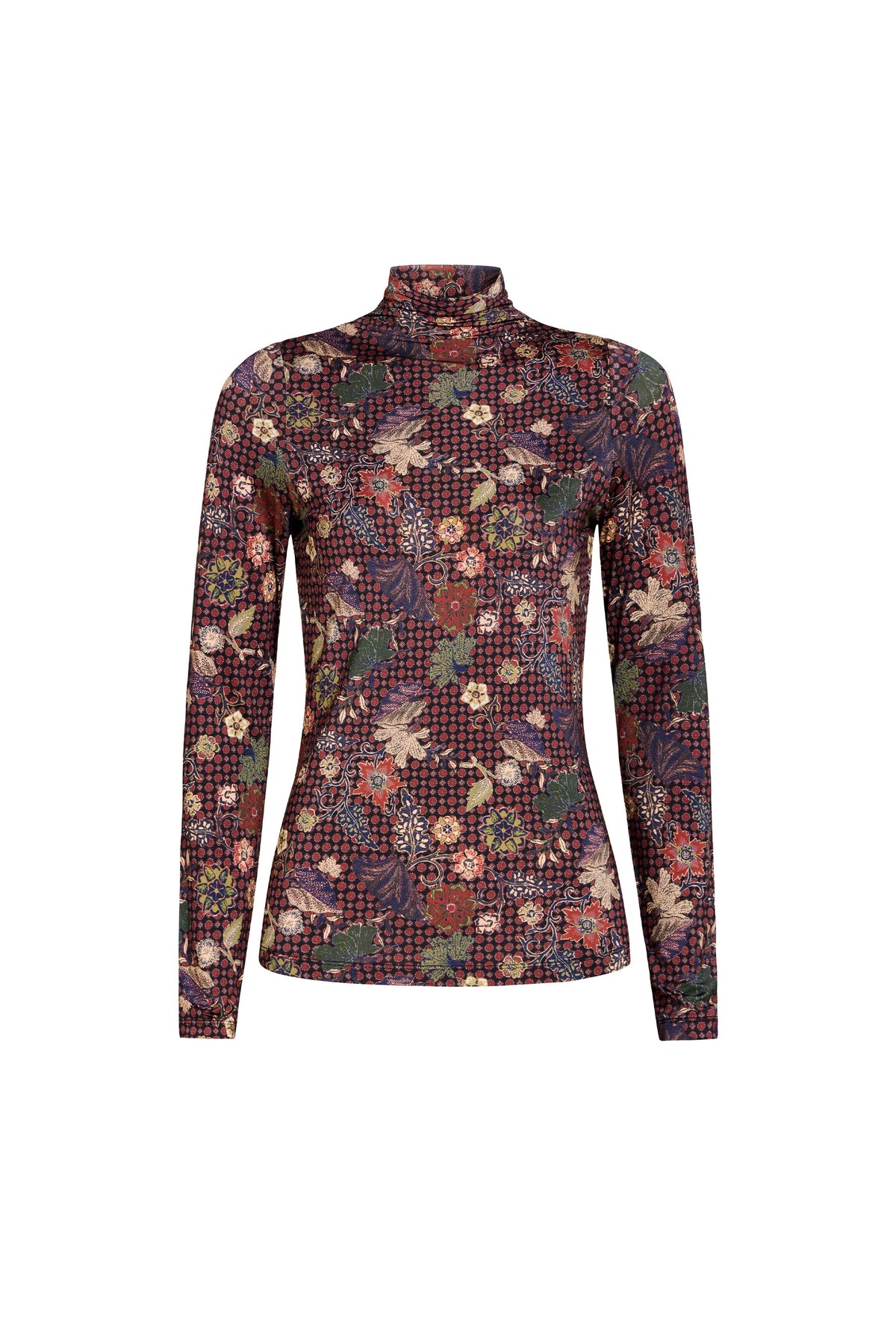 Front view of Marie Oliver Eloise Top in Rouge showing its close-fitting printed long-sleeve turtleneck on white