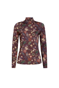 Front view of Marie Oliver Eloise Top in Rouge showing its close-fitting printed long-sleeve turtleneck on white