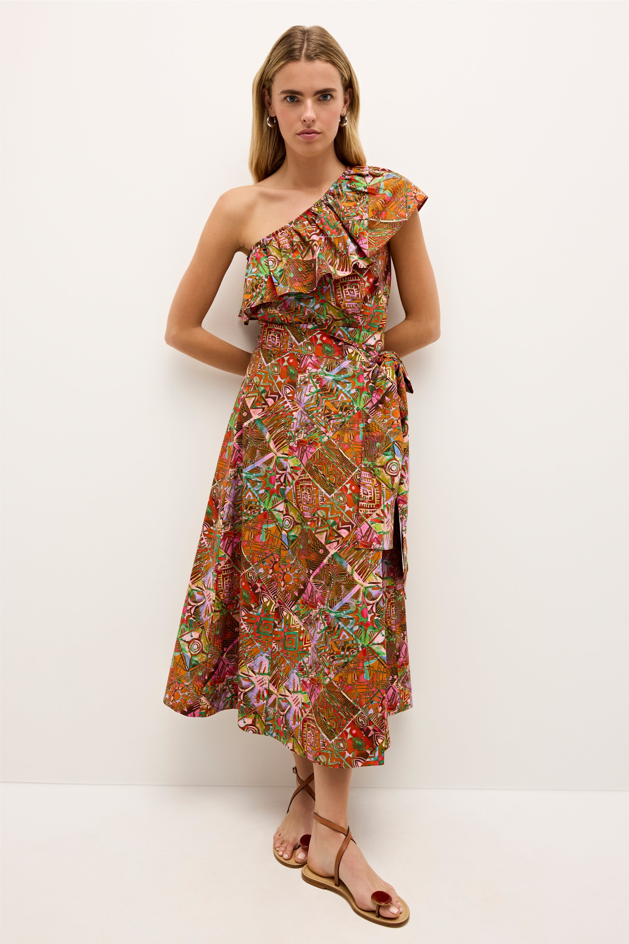 A-line wrap skirt with bold multicolor tribal print and side bow detail 