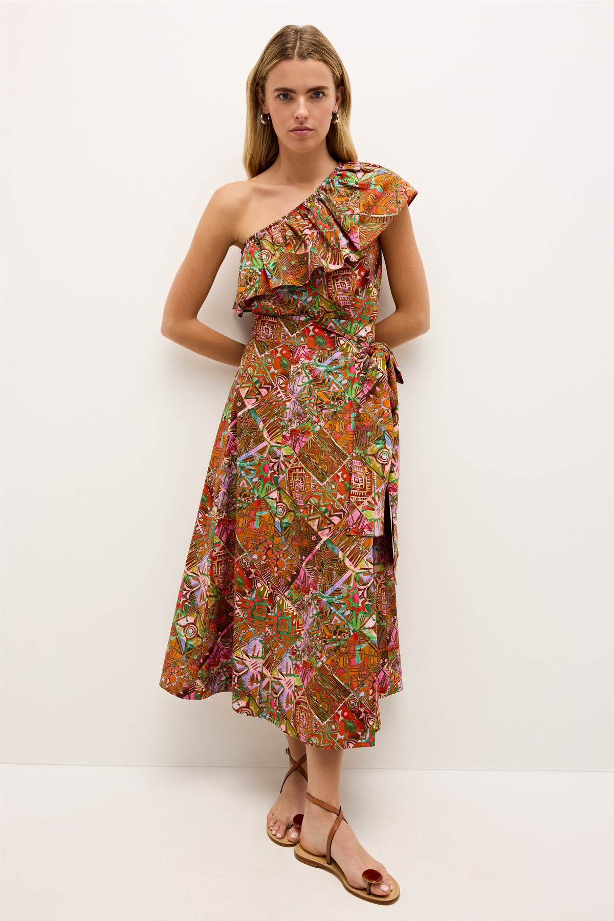 A-line wrap skirt with bold multicolor tribal print and side bow detail 