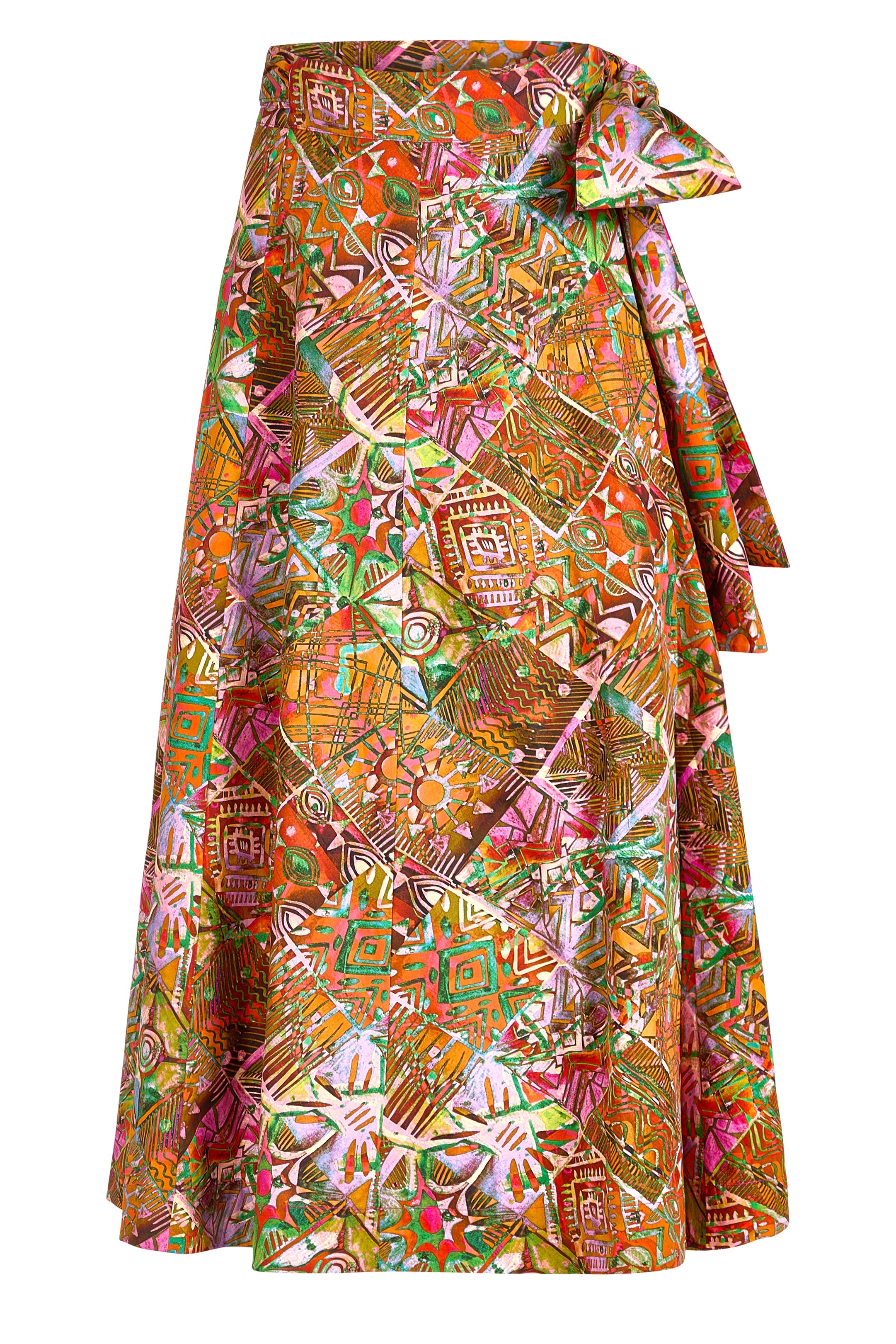 Brightly patterned skirt with wrap-around closure and artistic patchwork look 