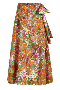 Brightly patterned skirt with wrap-around closure and artistic patchwork look 