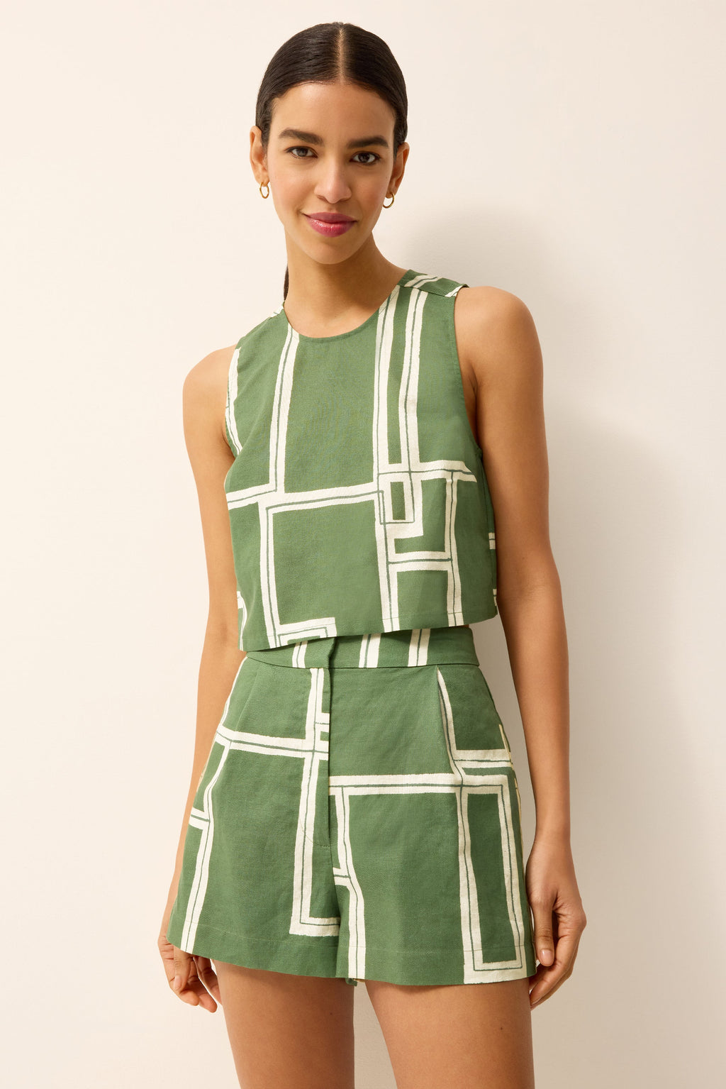 Green and white abstract printed cropped top