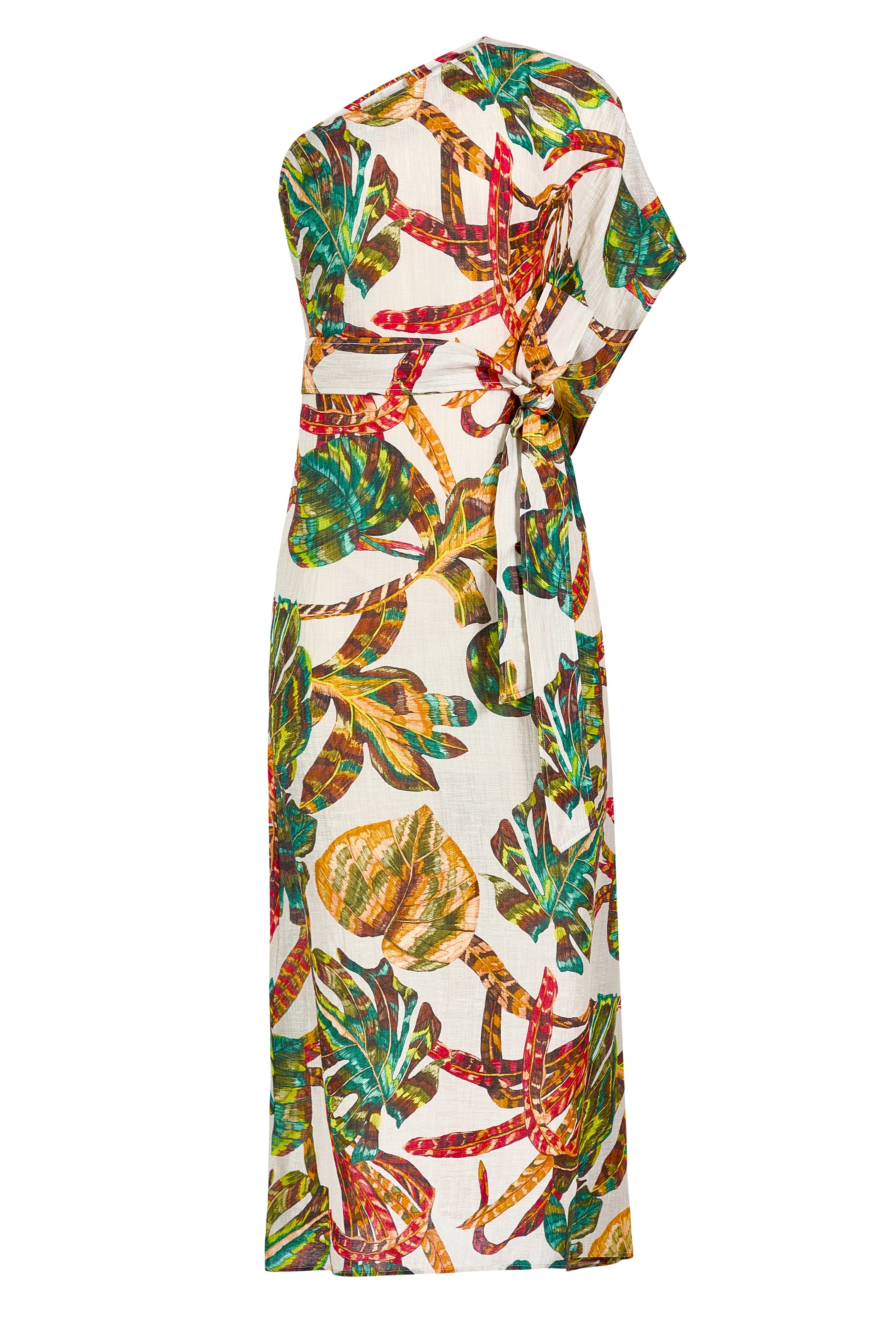 Elegant one shoulder dress with vivd green, red, and yellow foliage print. 