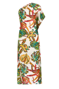 One shoulder dress with a relaxed fit and tropical print 