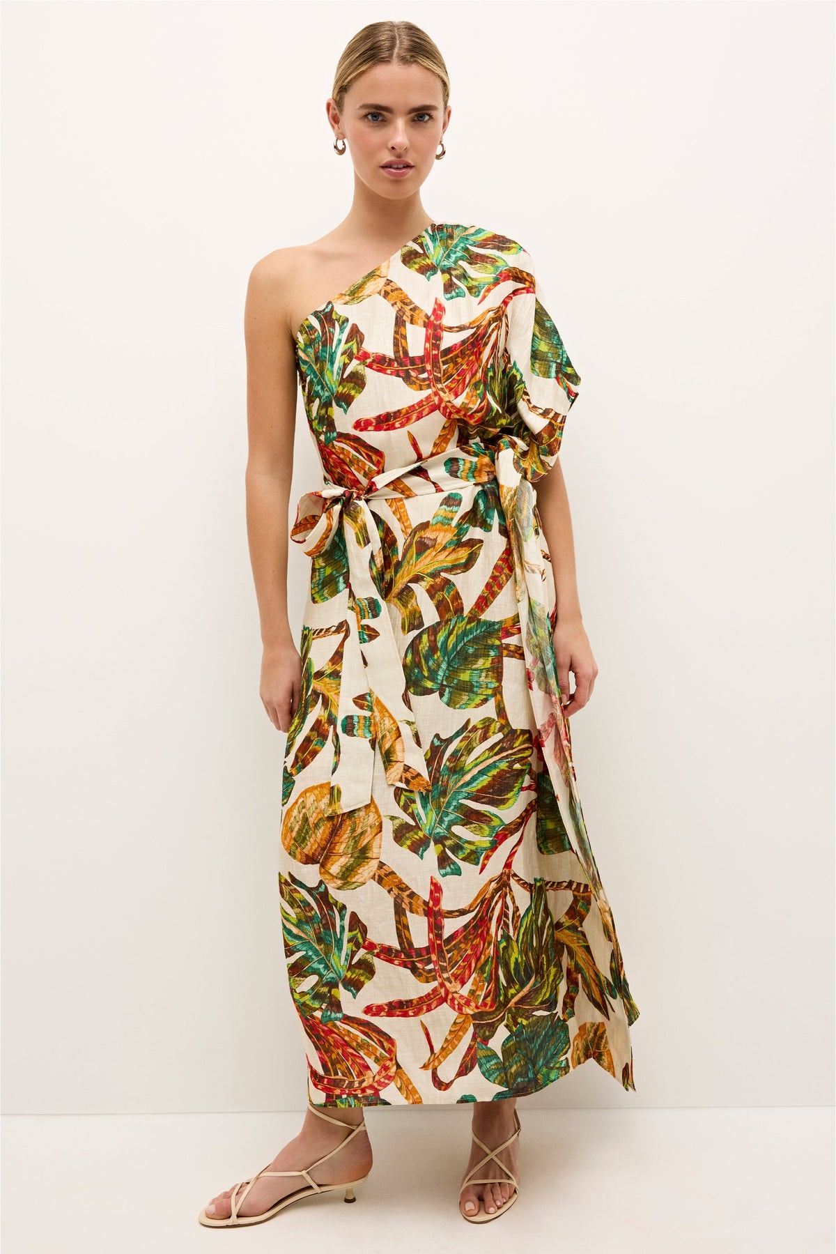 One shoulder midi dress with bold tropical leaf print in multicolor tones 