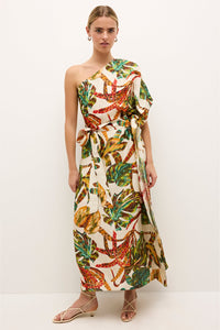 One shoulder midi dress with bold tropical leaf print in multicolor tones 