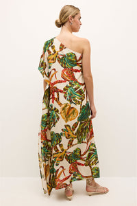 Flowy midi dress in cream base with oversized jungle inspired prints 