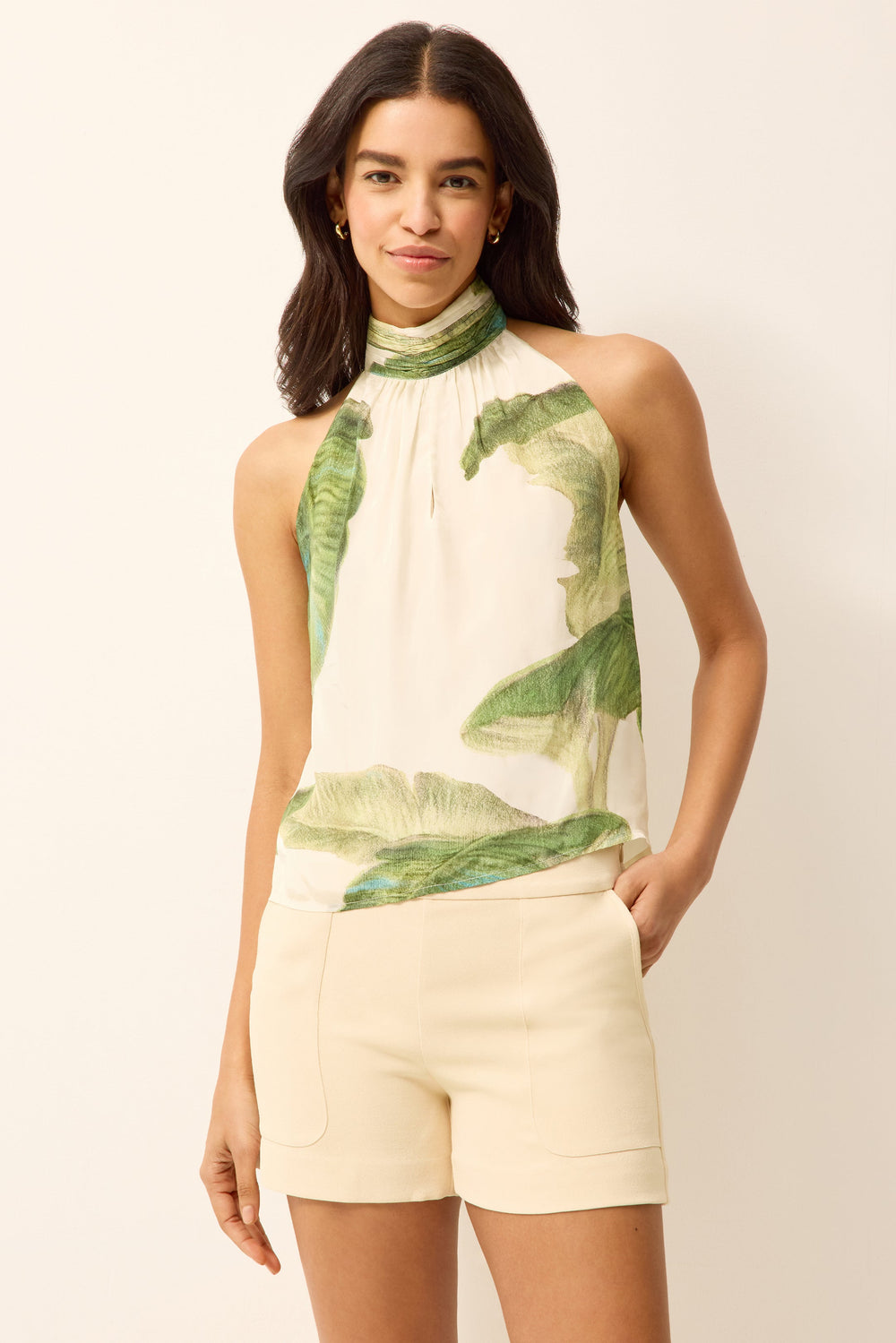 Halter neck green and white tropical printed blouse