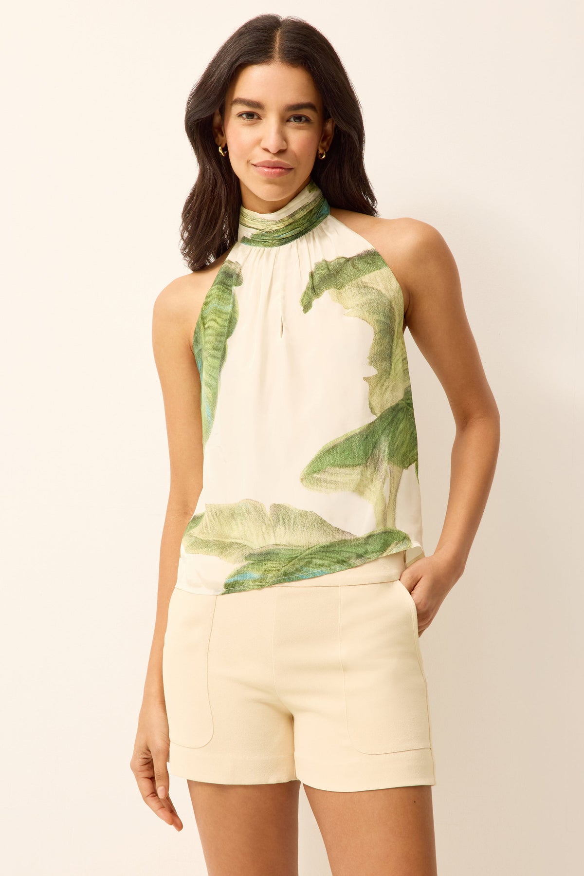 Halter neck green and white tropical printed blouse