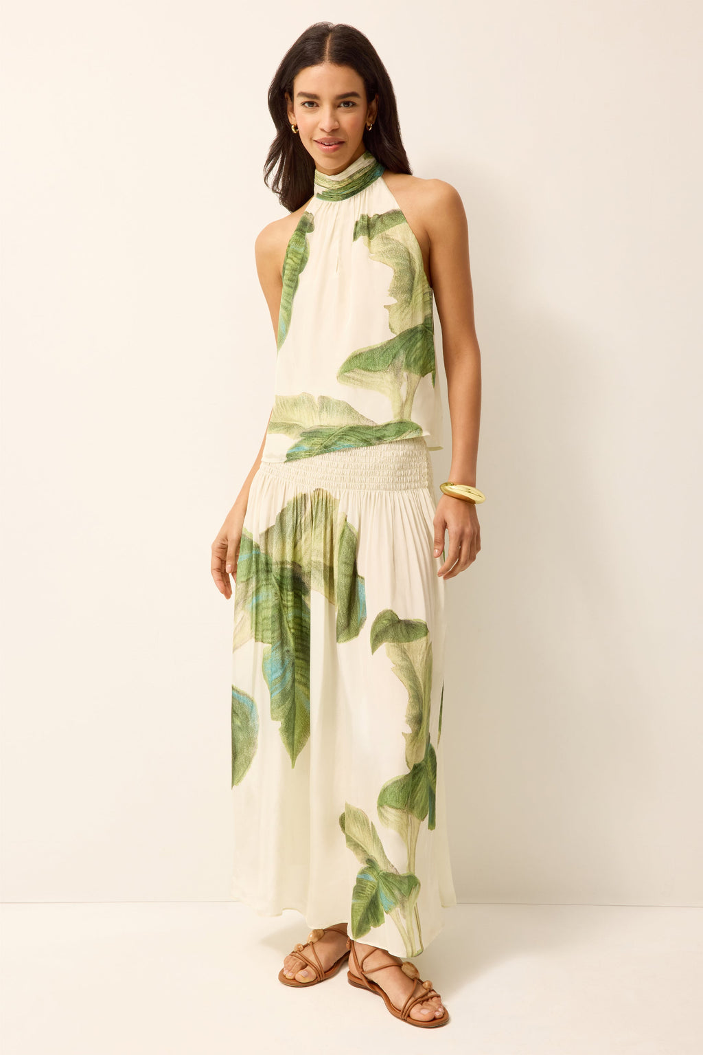 Versatile green and white palm leaf midi skirt