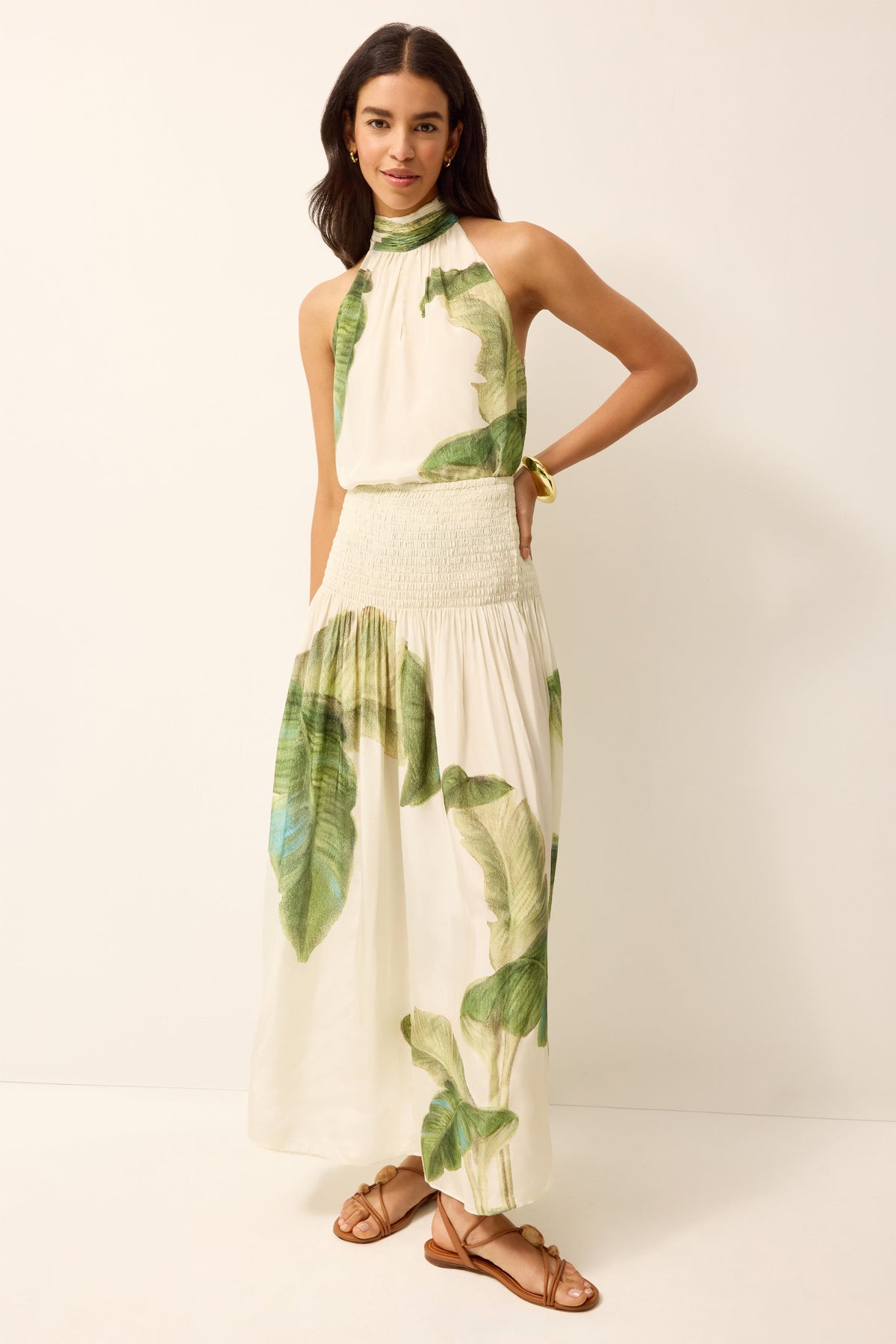 Elastic waist green and white tropical printed midi skirt