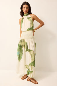 Elastic waist green and white tropical printed midi skirt
