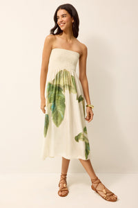Strapless smocked top dress with green and white palm leaves