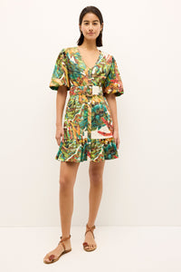 Colorful button-front dress with structured shoulders and ruffled hem 