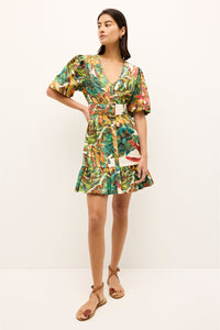 Tropical print mini dress with puff sleeves and belted waist 