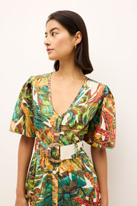 Short sleeve v-neck dress with bold jungle inspired colors 