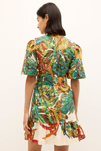 Mini dress with cinched waist, statement sleeves, and leafy floral pattern 