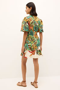 Fit-and-flair dress with vivd multicolor botanical print and flounced hem 