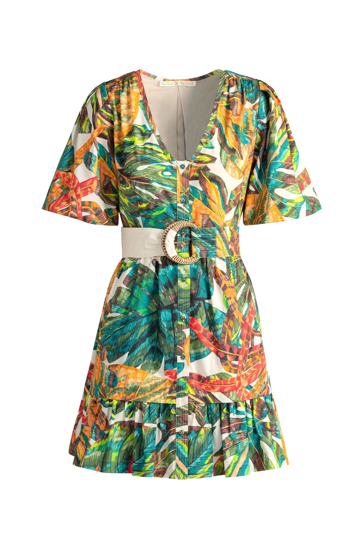 Belted summer dress in vibrant green and earth tones and short sleeves 