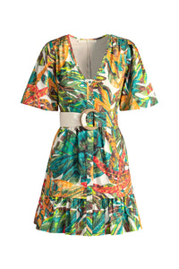 Belted summer dress in vibrant green and earth tones and short sleeves 