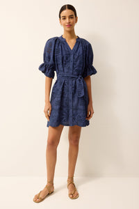 Puff sleeve navy blue eyelet mini dress
