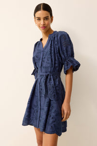 Belted navy blue mini dress with eyelet detailing and puff sleeves