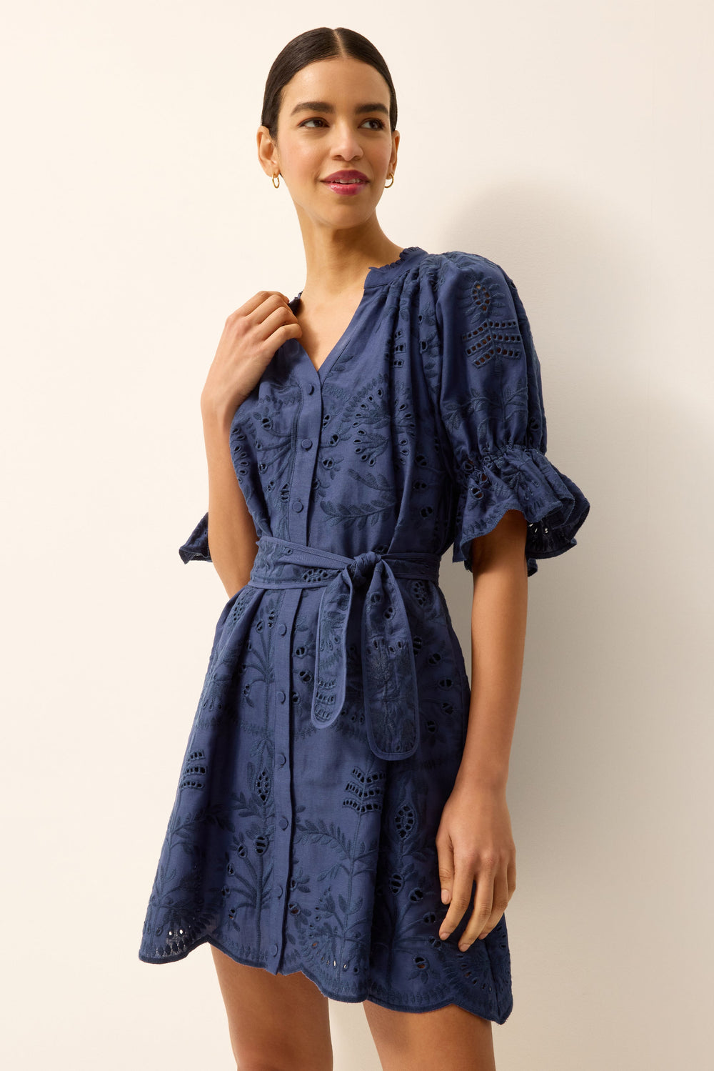 Navy blue eyelet mini button down dress