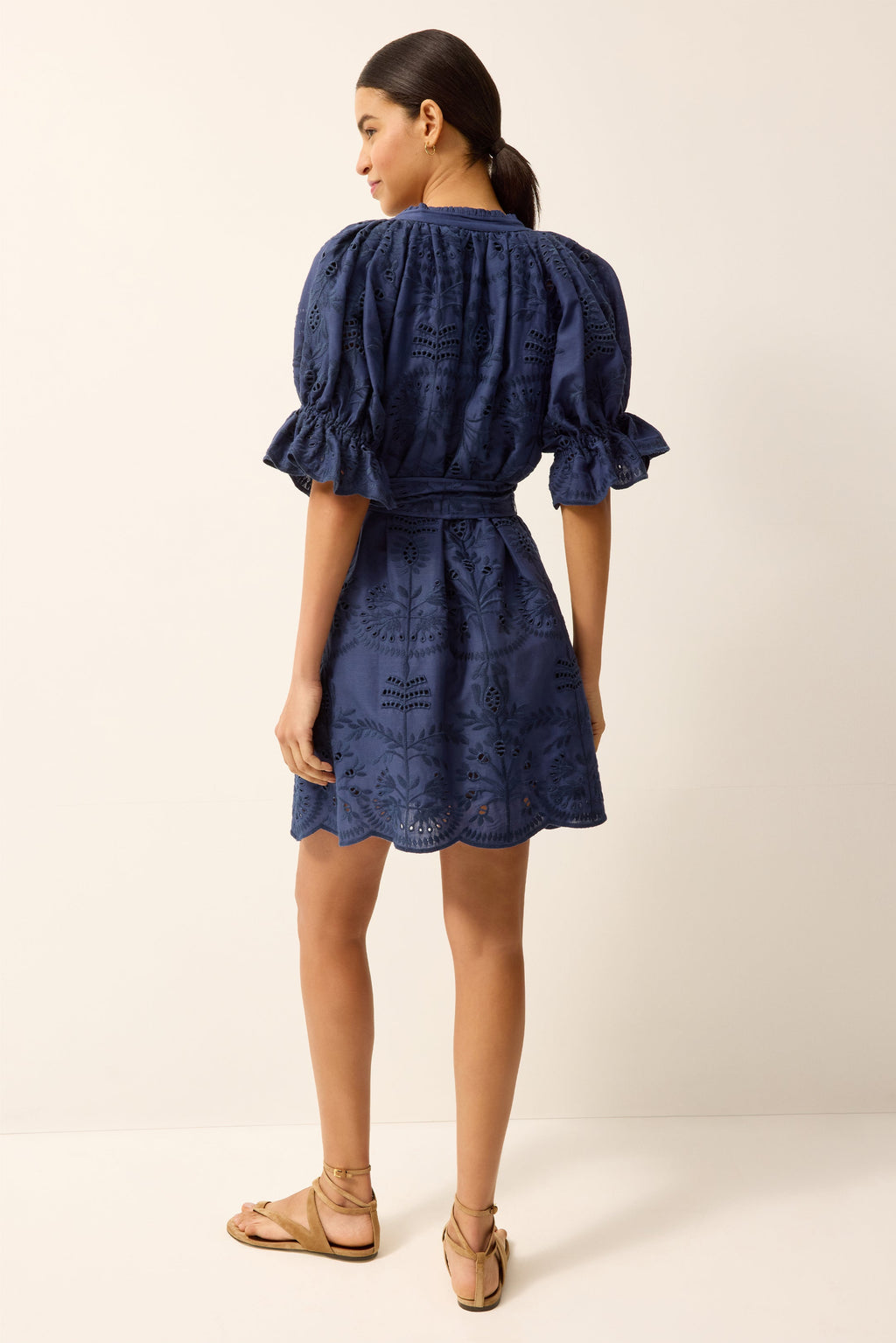 Scalloped hem navy blue eyelet mini dress