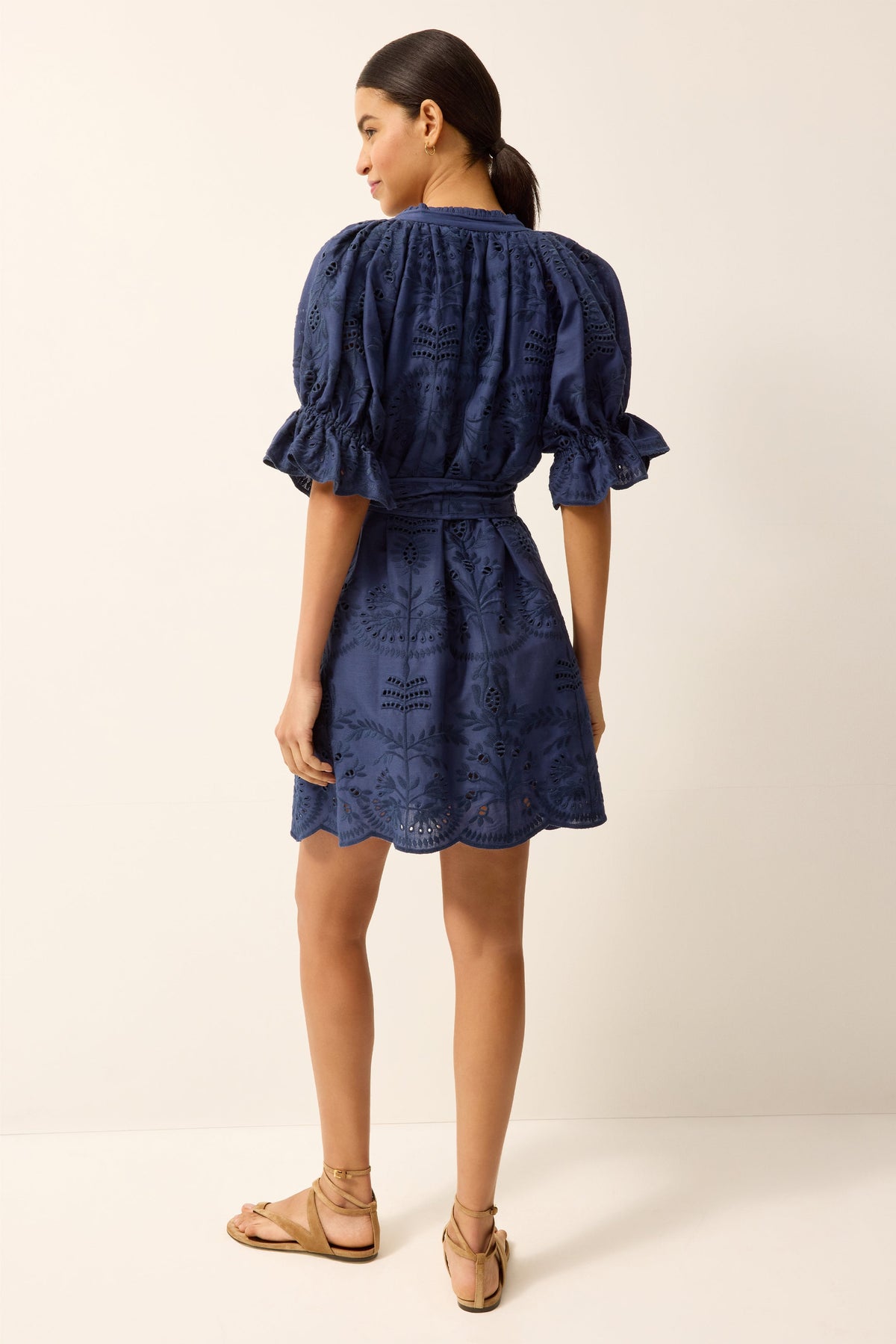 Scalloped hem navy blue eyelet mini dress