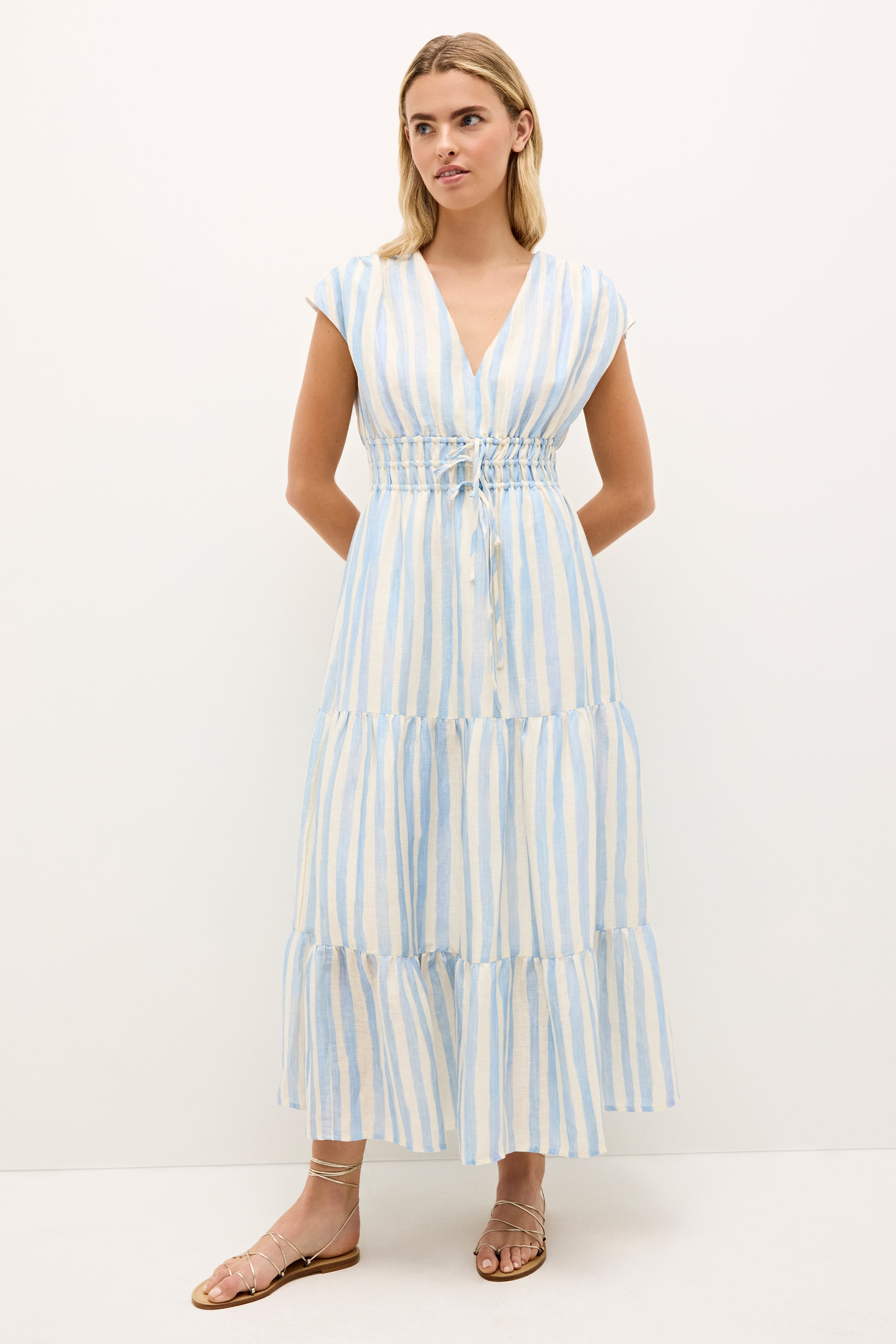 Resort style midi dress n blue and white with a drawstring waist and tired skirt