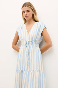 Relaxed fit sleeveless dress with adjustable waist tie and stripped fabric