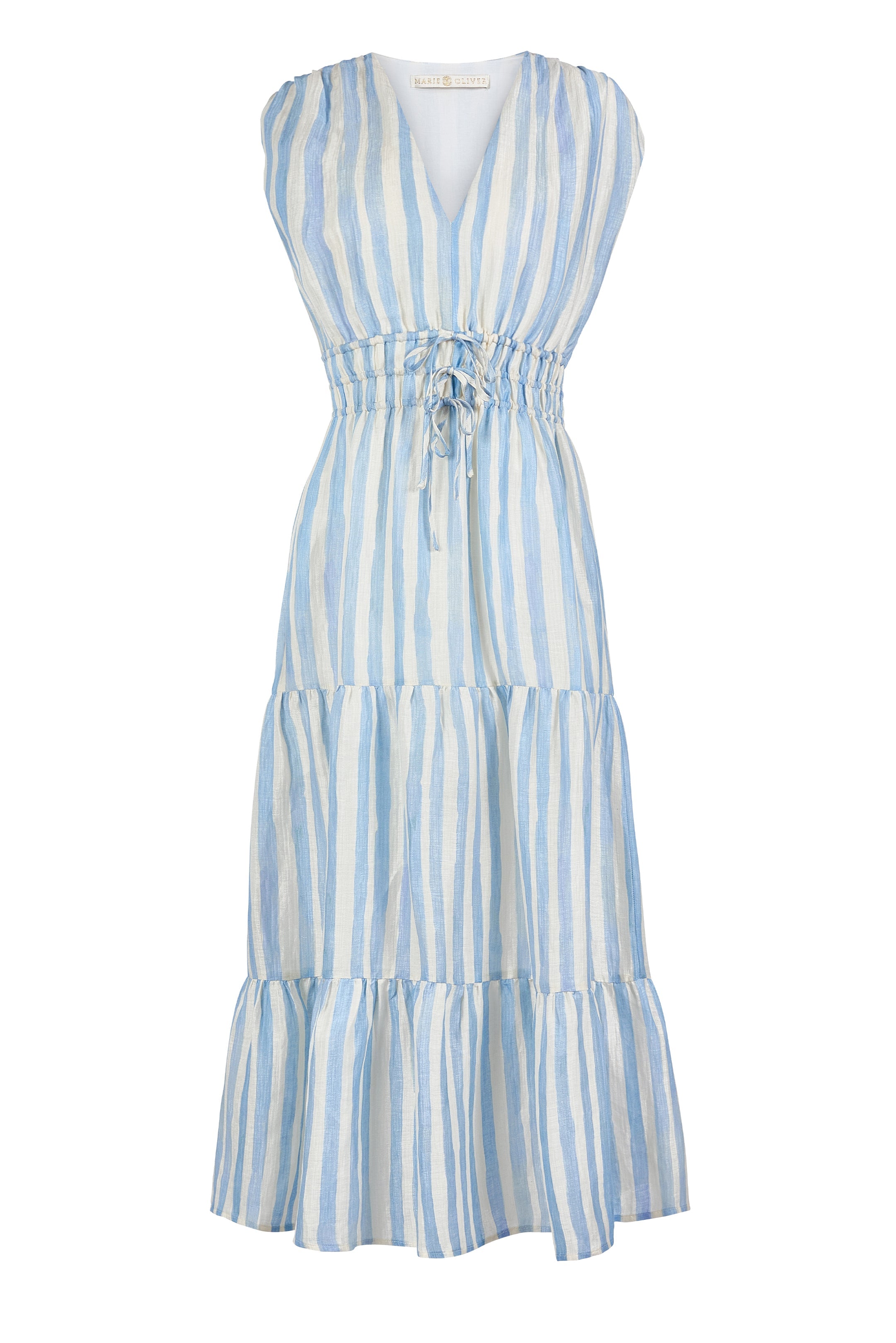 Sleeveless midi dress with vertical blue and white stripes and a drawstring waist