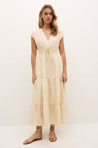 Cream tiered maxi dress with cap sleeves and cinched waist tie 
