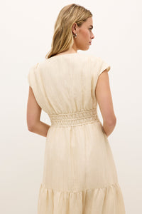 Casual summer dress with a drawstring waist and subtle texture 