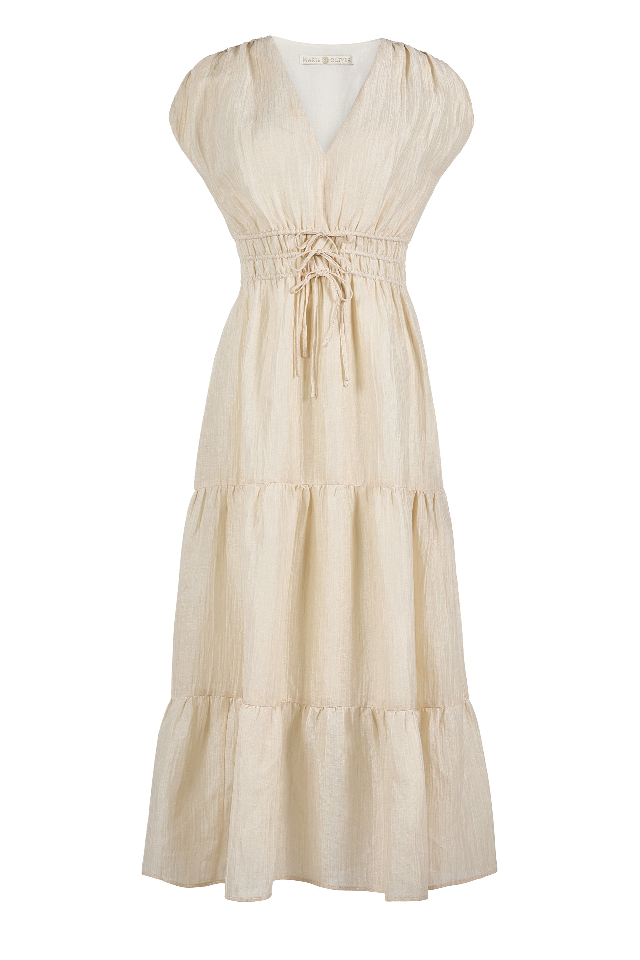 Textured neutral dress with smocked waist and tiered silhouette 