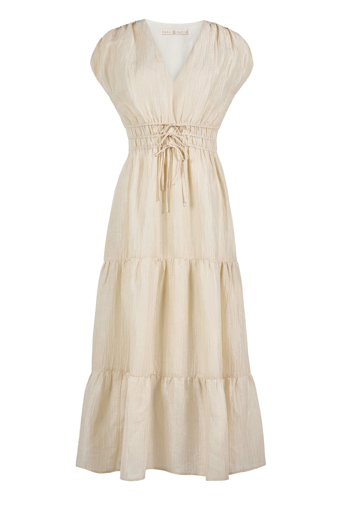 Textured neutral dress with smocked waist and tiered silhouette 