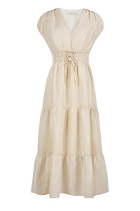 Textured neutral dress with smocked waist and tiered silhouette 