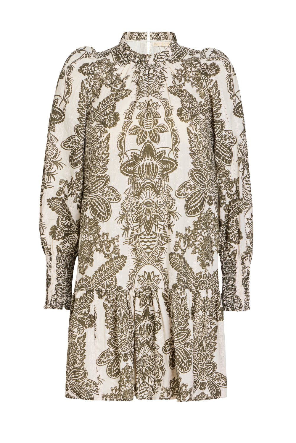Front view of Irena Dress in Chantilly showcasing a floral print, long puff sleeves, ruffle neck, smocked cuffs, and ruffled hem on a white background