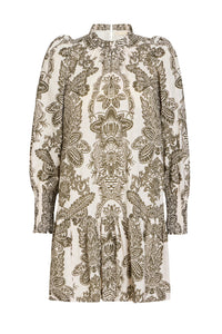 Front view of Irena Dress in Chantilly showcasing a floral print, long puff sleeves, ruffle neck, smocked cuffs, and ruffled hem on a white background