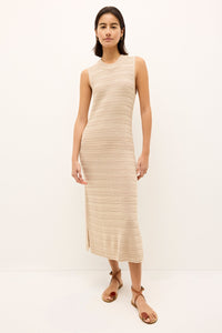 Sleeveless midi dress in neutral beige with subtle horizontal stripe texture 