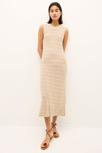Beige ribbed dress with a straight silhouette and side slit detail 