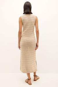 Casual neutral toned midi dress with clean line and and subtle striping 