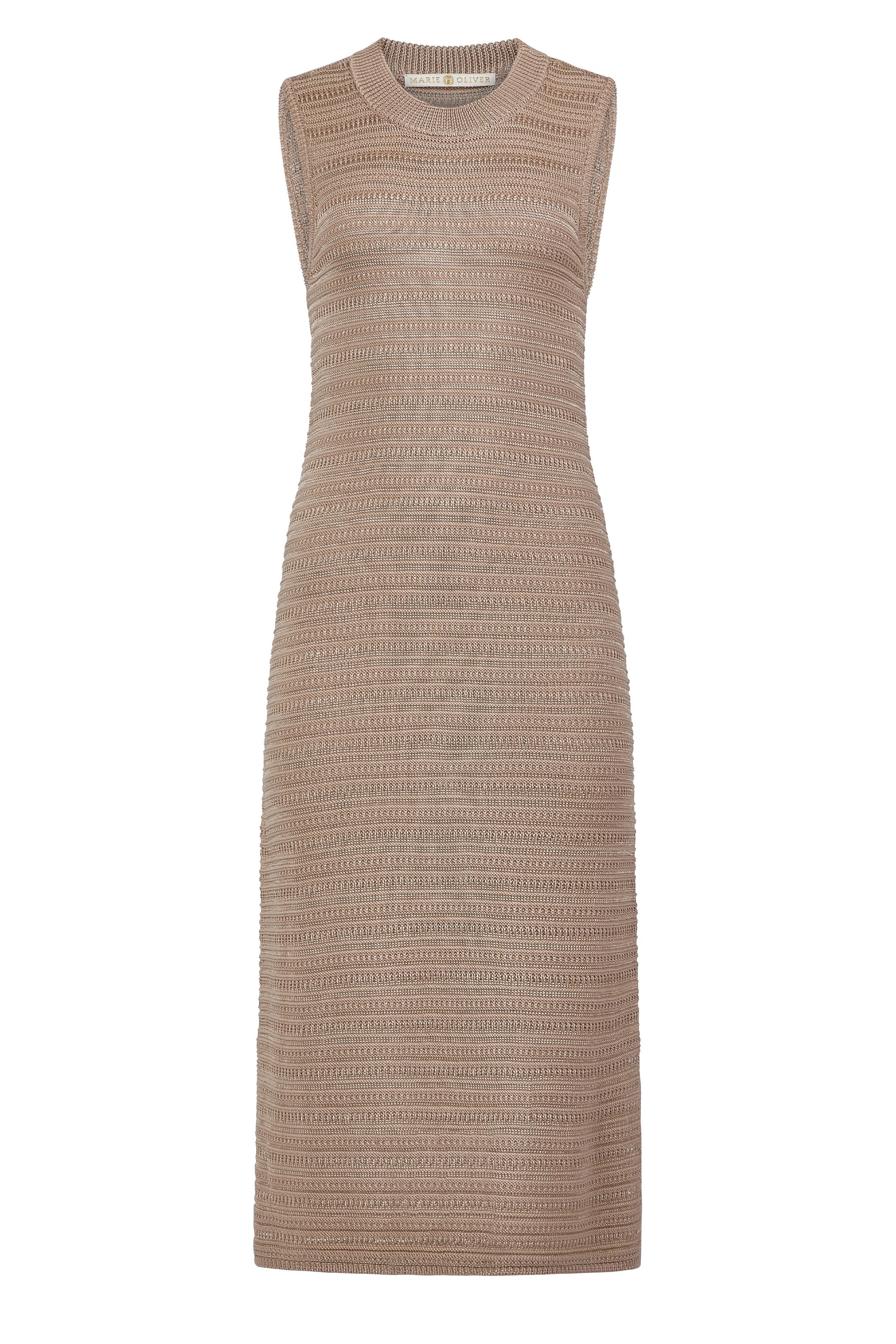 Body skimming sleeveless dress with a knit feel and soft earthy hues 